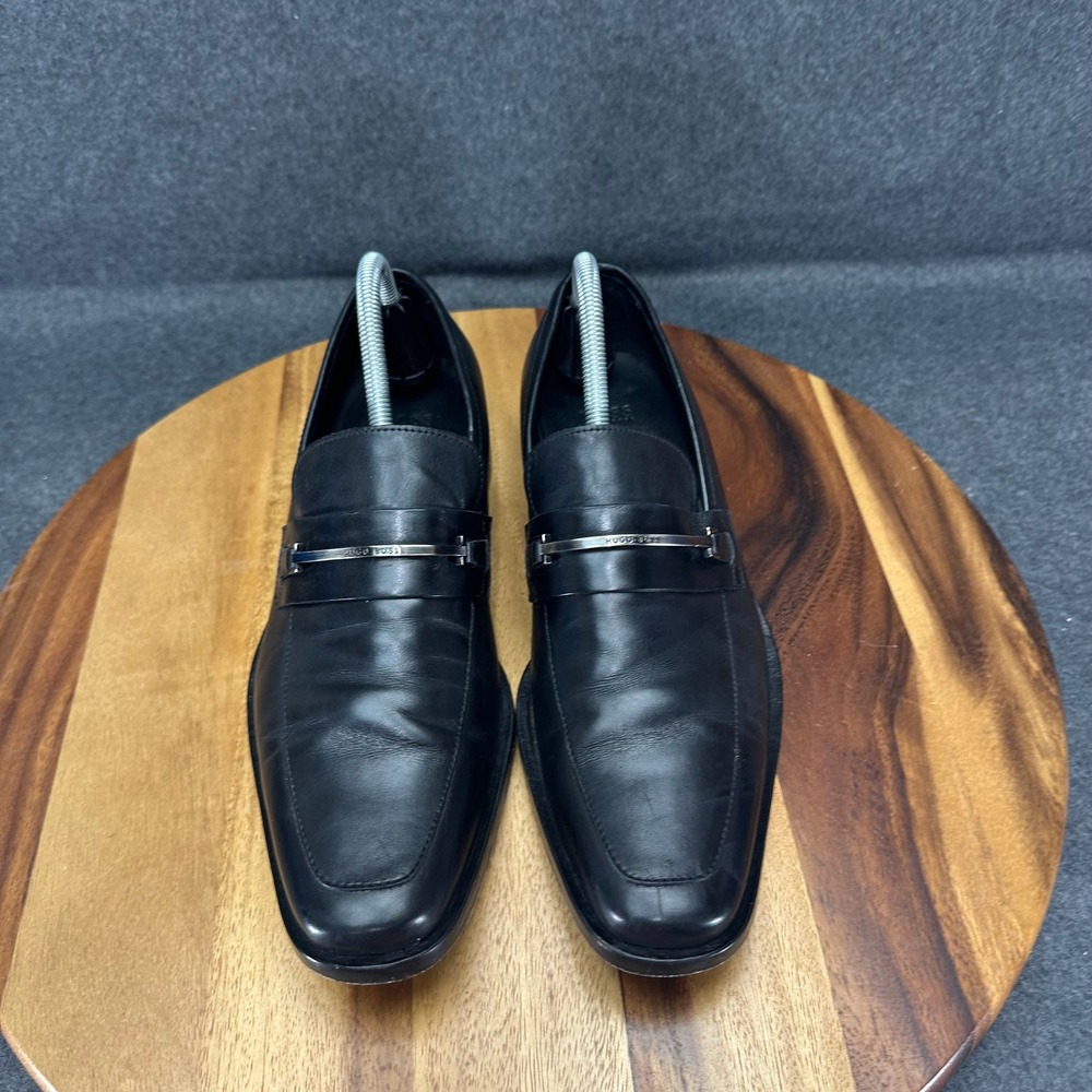 Hugo Boss Mens Black Leather Square Toe Bit Horsebit Loafers Dress Shoes Size 8 - Picture 4 of 12